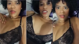 Brasileira conhecida como Nega Barbie tocando em seus peitão usando uma calcinha preta e transparente