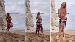 Bethanylilyapril, a loira perfeita, aparece sem a toalha e exibindo seus peitão generosos na beira da praia