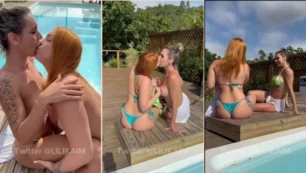 Lilika Teixeira curtindo um momento com uma ruivinha atraente à beira da piscina