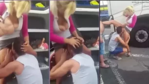 Flagrante de caminhoneiro amador fudendo gostoso oral em uma mulher na rua