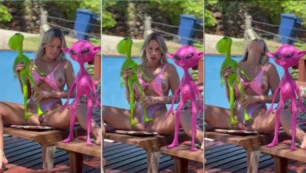 Tuani Basotti arrasa esfregando brinquedos de ET na área da piscina enquanto usa biquíni