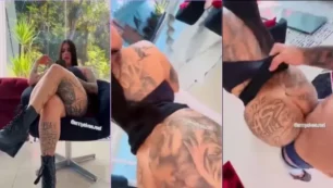 Sexo ardente com uma morena cheia de tatuagens se entregando no prazer, em um close friends sem roupa
