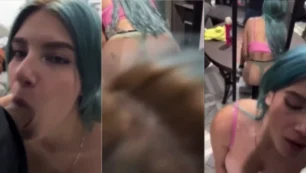 Vídeo picante de uma novinha com cabelo azul fazendo um boquete de jeitinho amador