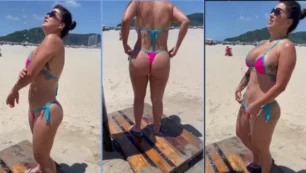 Olha só a Kah Kampa na praia, linda e poderosa com aquele biquíni soltando fogo!