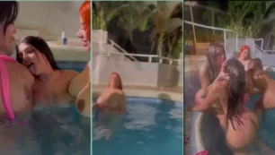 Ruivinha Sharon Juliana e suas amigas gostosas se divertindo na piscina, se lambendo
